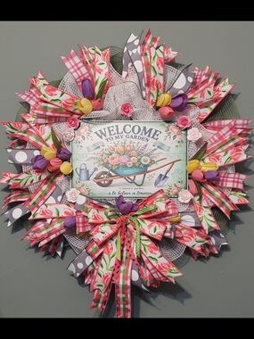 Hand Crafted Pink Floral Welcome Wreath with Purple & Yellow Accents